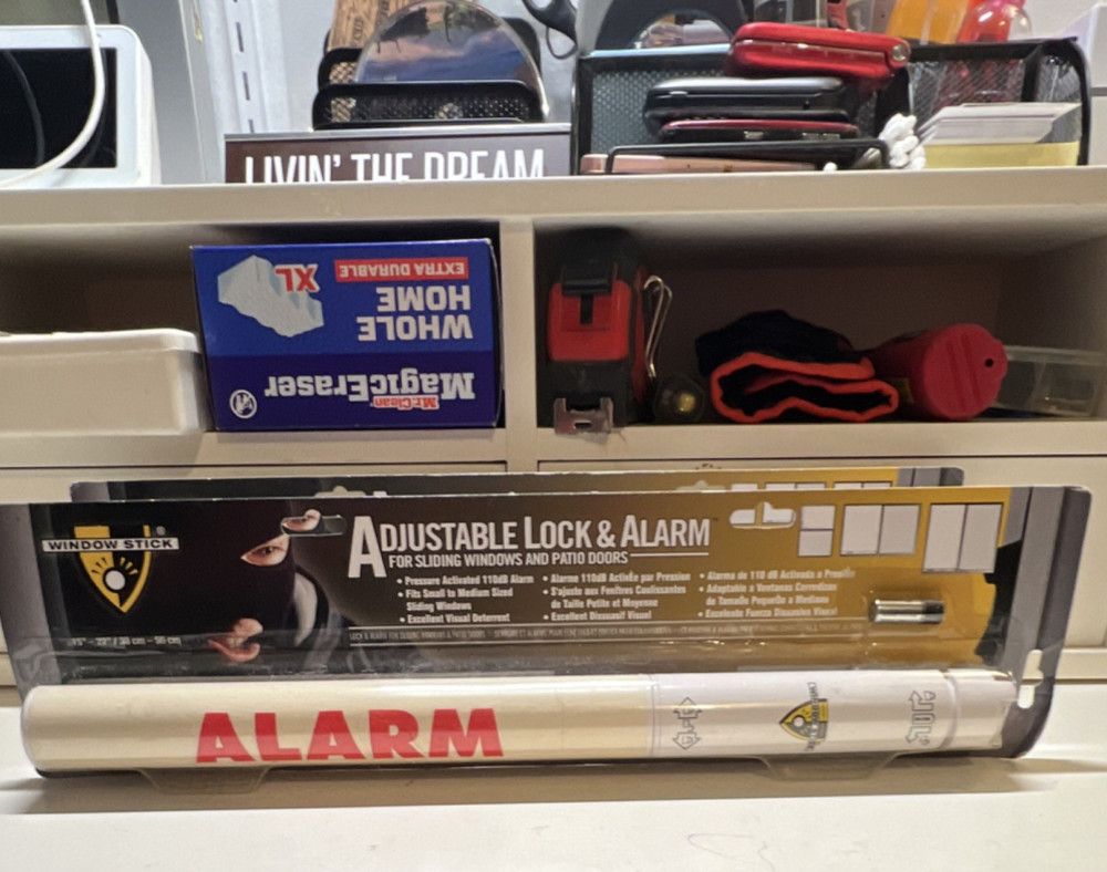 Window Stick Adjustable Lock & Alarm for Sliding Windows, 110dB, White