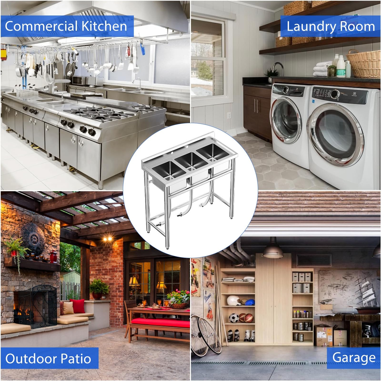 Freestanding 3-Compartment NSF Sink | Stainless Steel, Commercial Grade