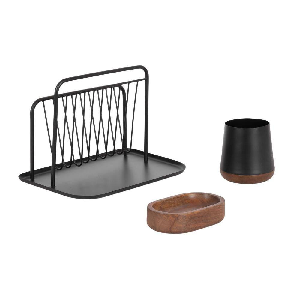 Koni Black/Walnut Brown Rectangle Metal Desk Organizer