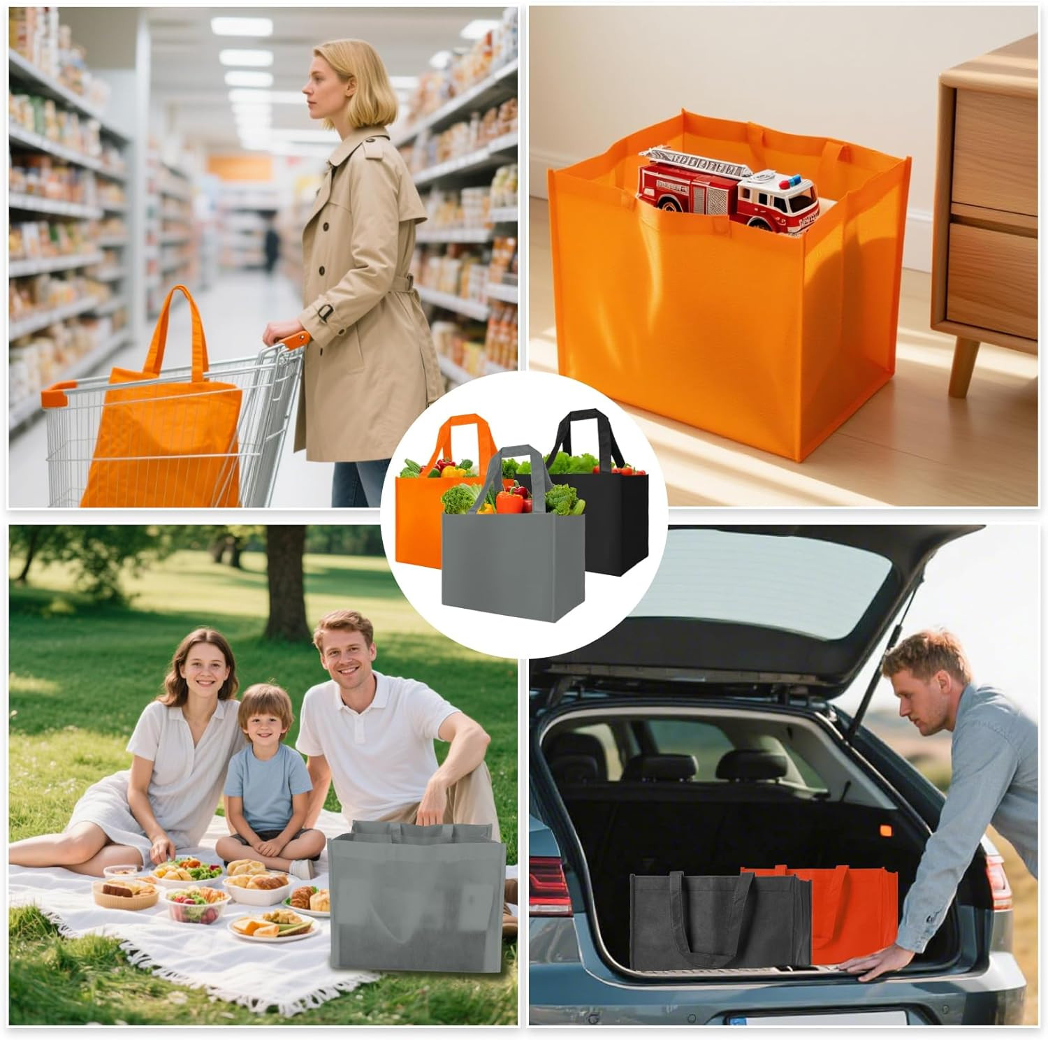 3 Pack Reusable Grocery Bags Heavy Duty Foldable Canvas Tote Large Shopping Bag