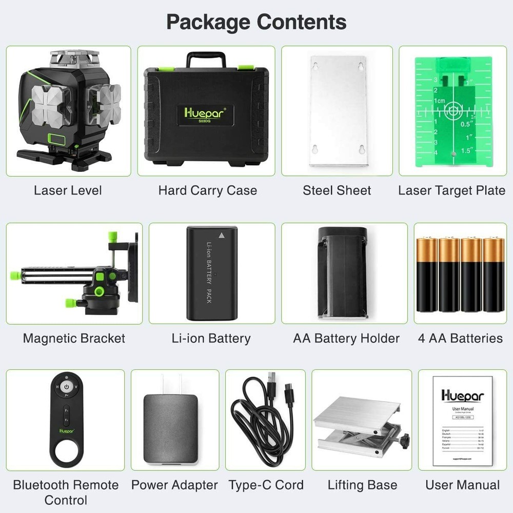 Huepar 4D Green Cross Line Laser Level Bluetooth & Remote Control With Hard Case