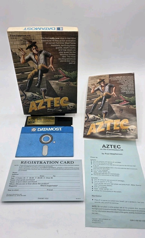 1982 Aztec (Adventure) Commodore 64 Diskette Datamost & Paul Stephenson Rare Cib