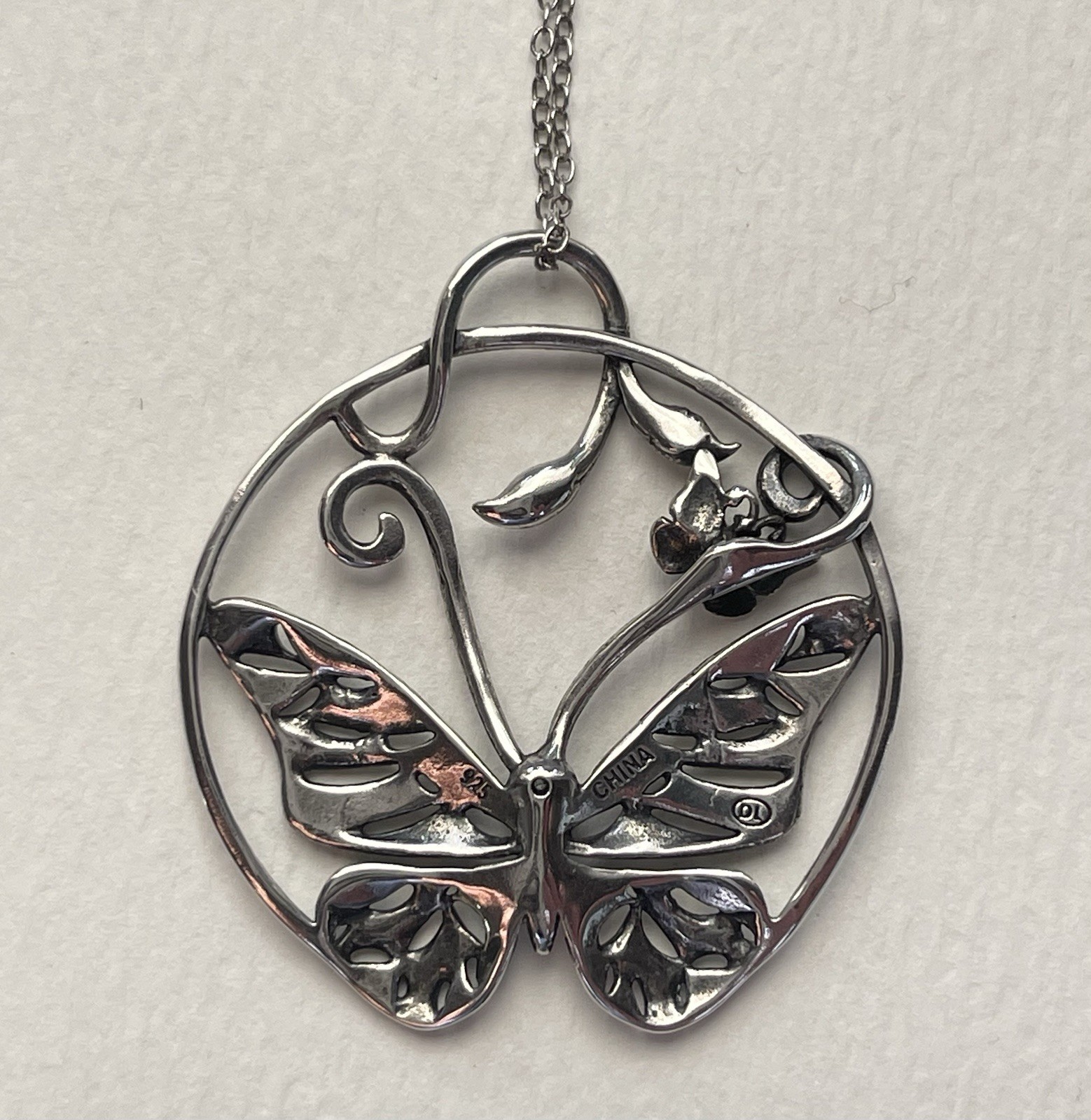 Sterling Silver Butterfly Hoop Earrings & Pendant Necklace 18” Set Signed 925 DL