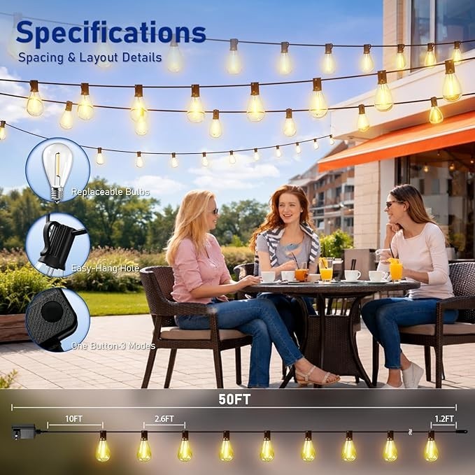 Outdoor String Lights 50FT with Shatterproof LED Bulbs Remote Control Dimmable
