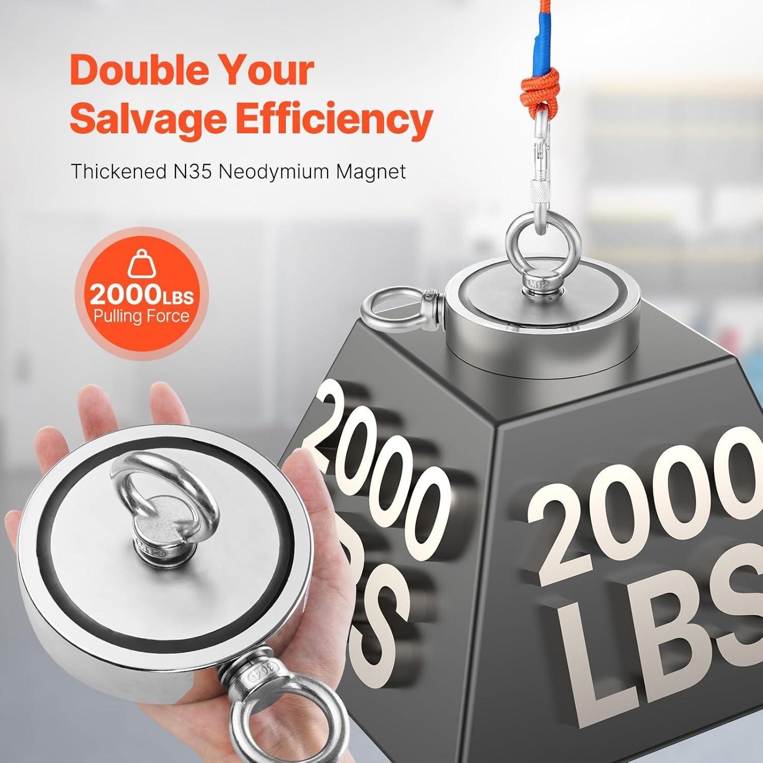 2000 LBS Strong Fishing Magnet Kit Double-Sided Pull Force and Rope Carabiner