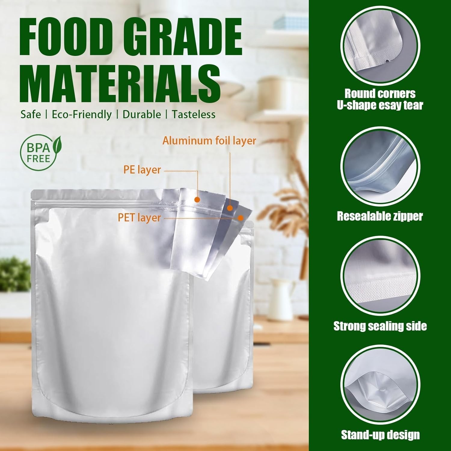 50 Pcs Mylar Bags for Food Storage With Oxygen Absorbers Resealable 9 Mil Silver