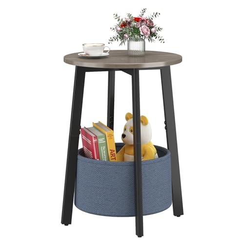 Small Round Side End Table with Cloth Storage Basket, Round Bedside Sofa 1 Grey