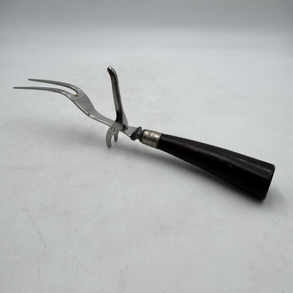 Black Bakelite Meat Carving Fork with Folding Stand Vintage