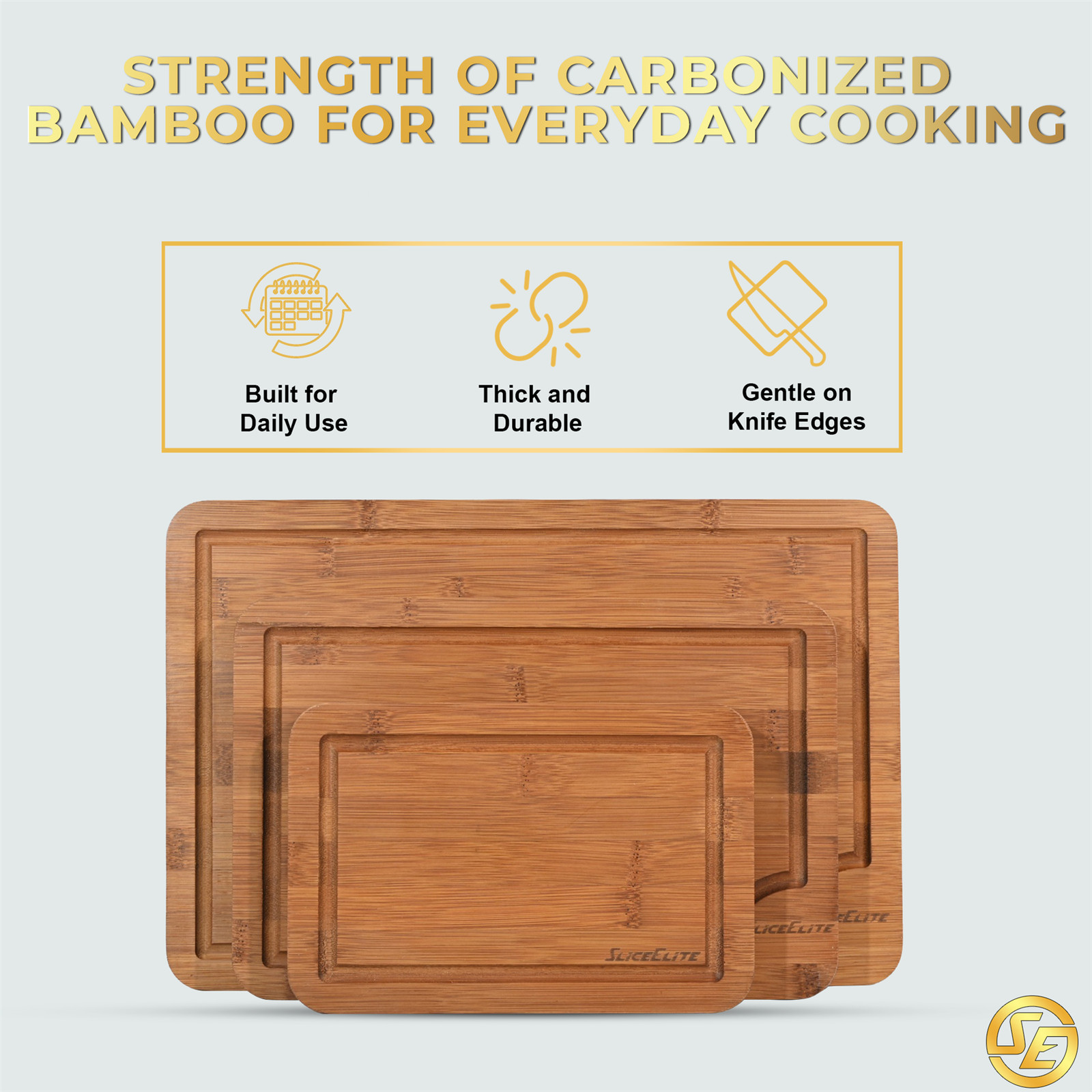 SliceElite Rich Brown Carbonized Bamboo Cutting Board Set 3 Piece with Stand