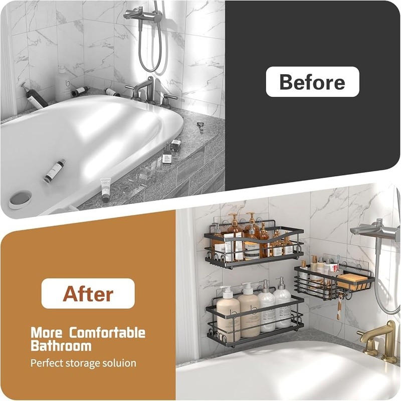 3 Pack Shower Caddy Organizer Rustproof Adhesive Shelf Set Quick Drainage Hooks