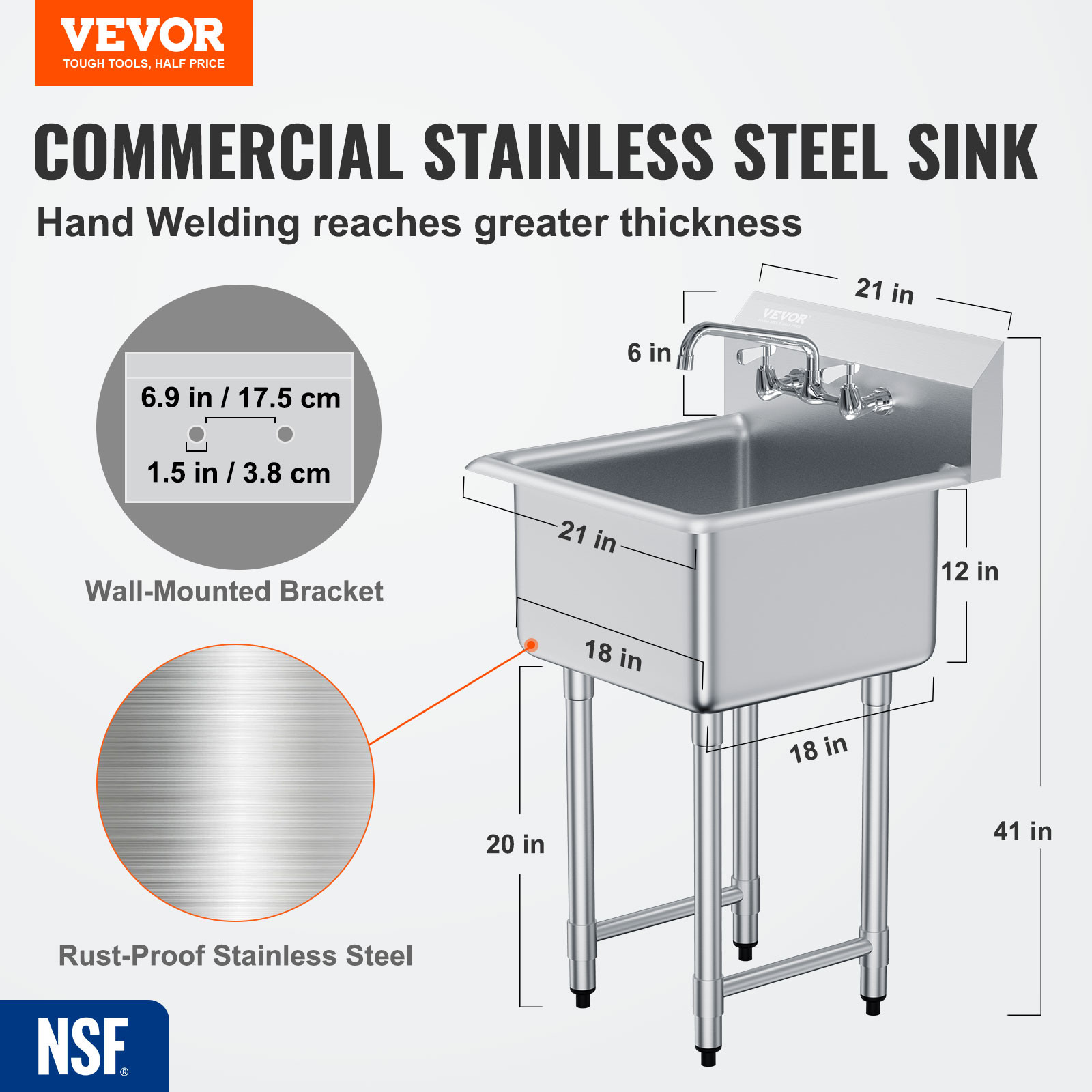 VEVOR Commercial Utility & Prep Sink 1 Compartment Stainless Steel Backsplash