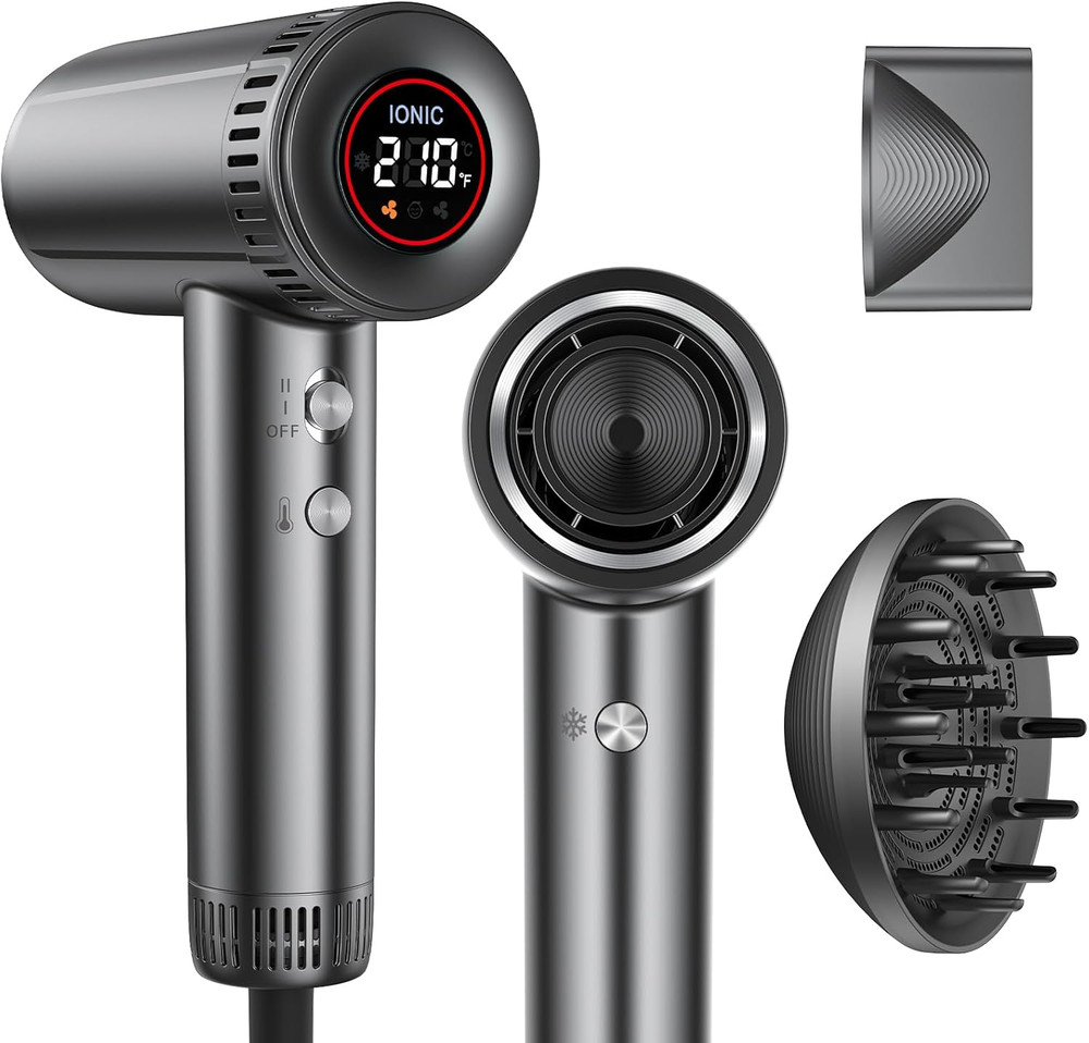 Hair Dryer with Magnetic Diffuser Attachments, Professional High Speed Ionic Blo