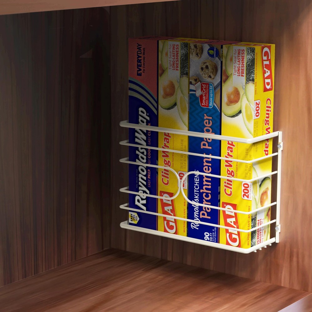 Wall Mount Wrap Organizer Kitchen Storage Rack White Metal