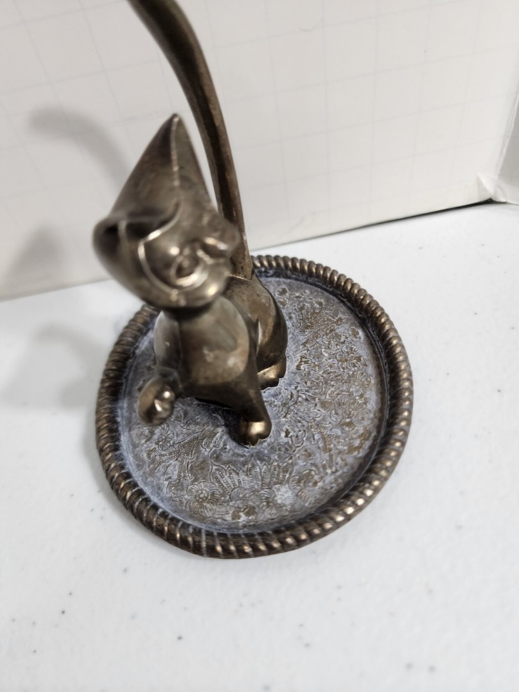 Vintage Silver Plate Cat Ring Holder Trinket Dish