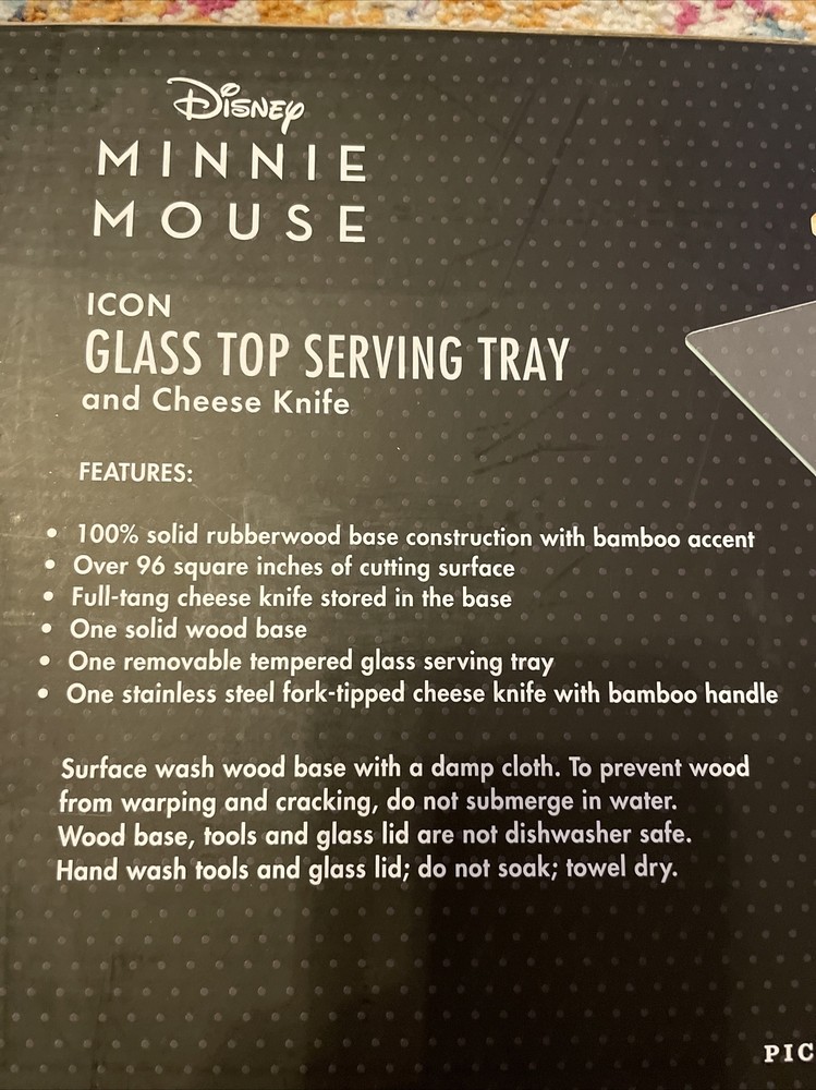 DISNEY ICON MINNIE MOUSE GLASS TOP RECTANGULAR CHEESE CUTTING SERVING BOARD NEW