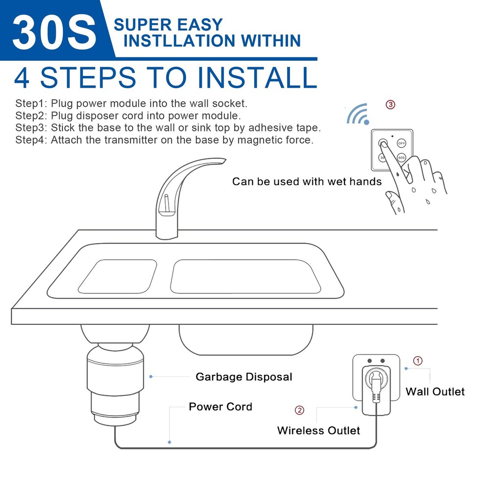Garbage Disposal Wireless Switch Kit with 30s 60s Portable Timer Remote, Sink Wa