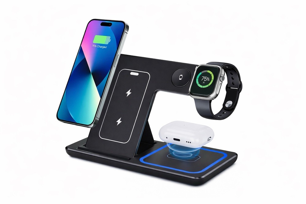 3-in-1 Foldable Wireless Fast Charging Stand for Apple Devices, Black