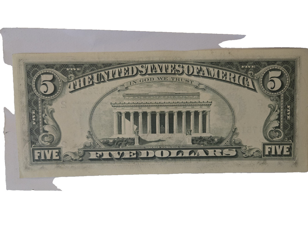 1977 $ five dollar bill back error uncirculated crisp