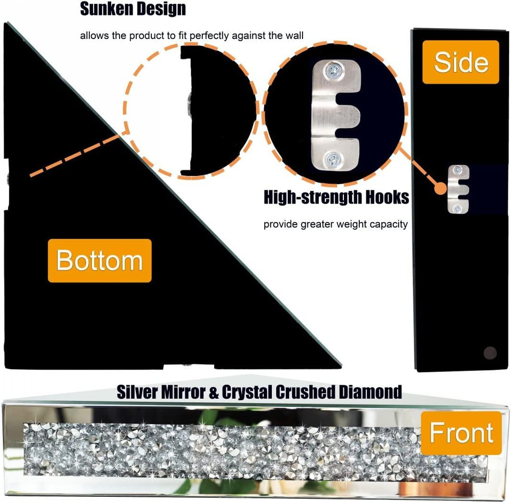 Mirrored Floating Corner Shelf, Silver Mirror Crushed Diamond Decorative Wall