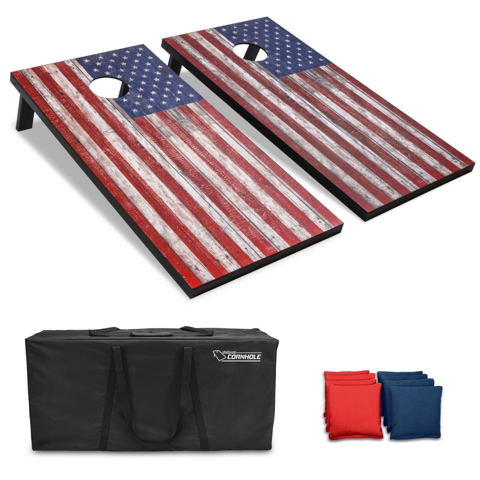 GoSports 4'x2' American Flag Cornhole Lawn Game Set Includes 8 Bags, Carry Case