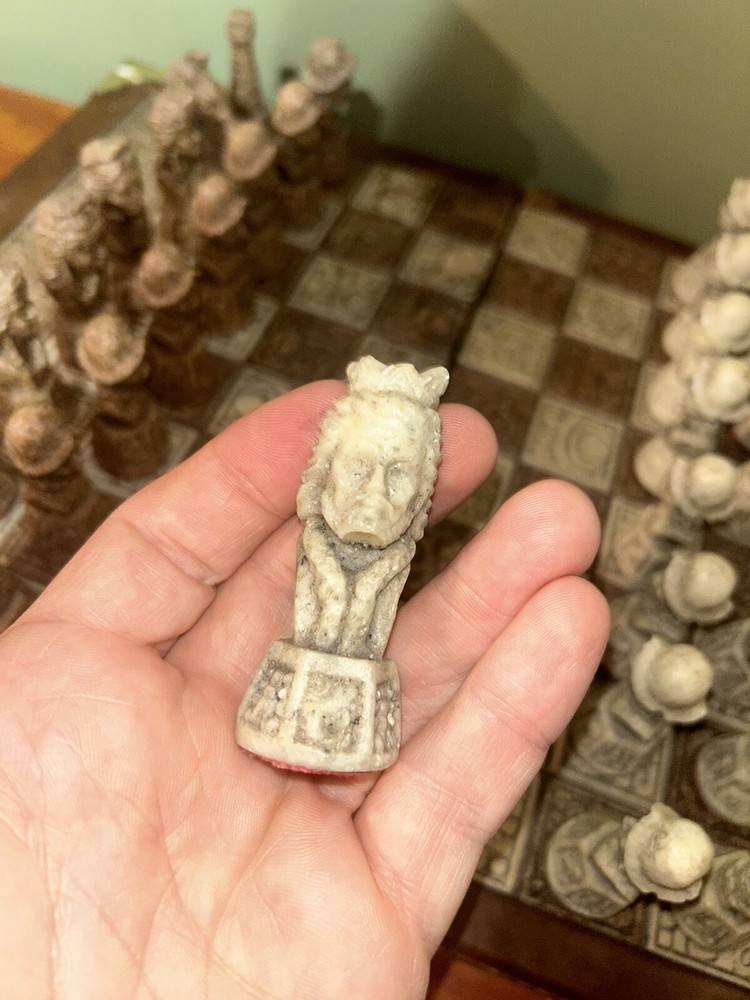 Vintage Unique Aztec Spanish Folding Chess Board Set Mexico Complete
