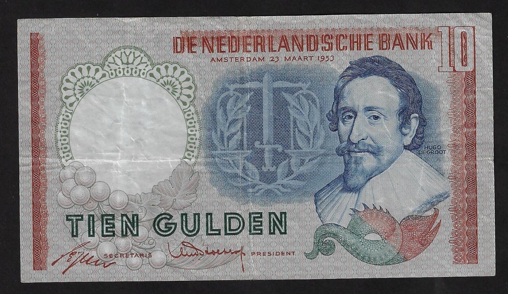 NETHERLANDS 10 GULDEN 1953 VF