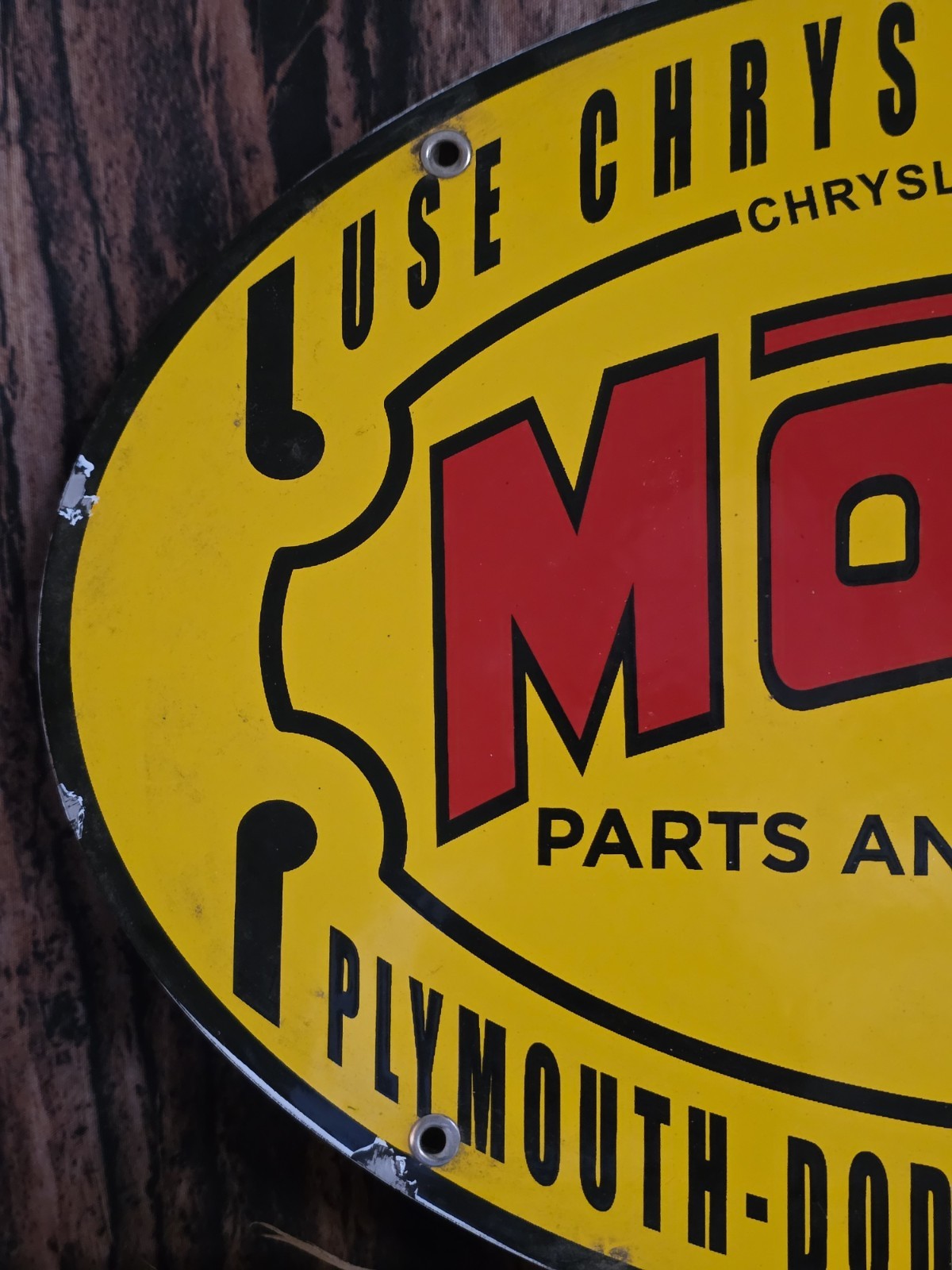 VINTAGE MOPAR PARTS & SERVICE CHRYSLER PORCELAIN DEALER SIGN 16.5" X 11"