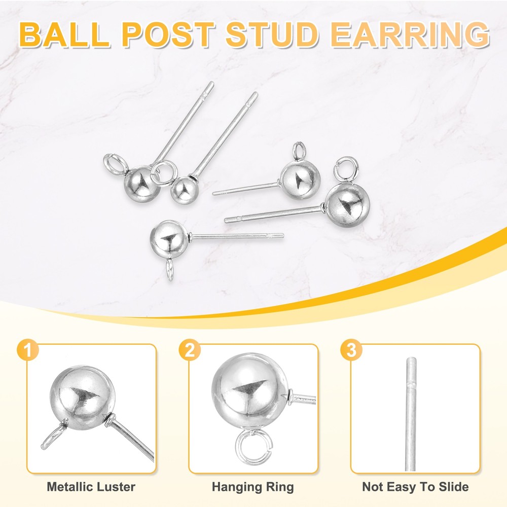 20Pcs Ball Post Stud Earrings, 17x5mm Round Ear Pin with Vertical Loop, Silver