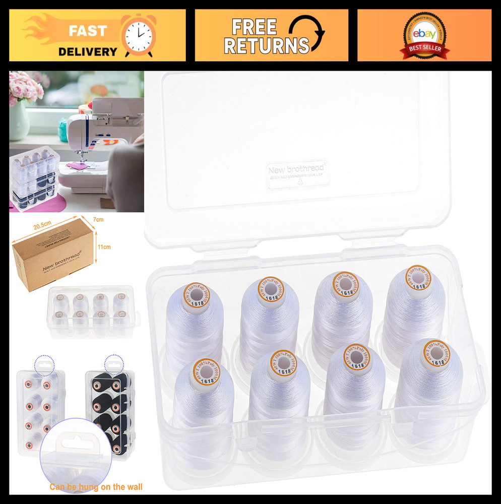 1000m Polyester Embroidery Machine Thread - 8 Spools Snow White + Storage Box