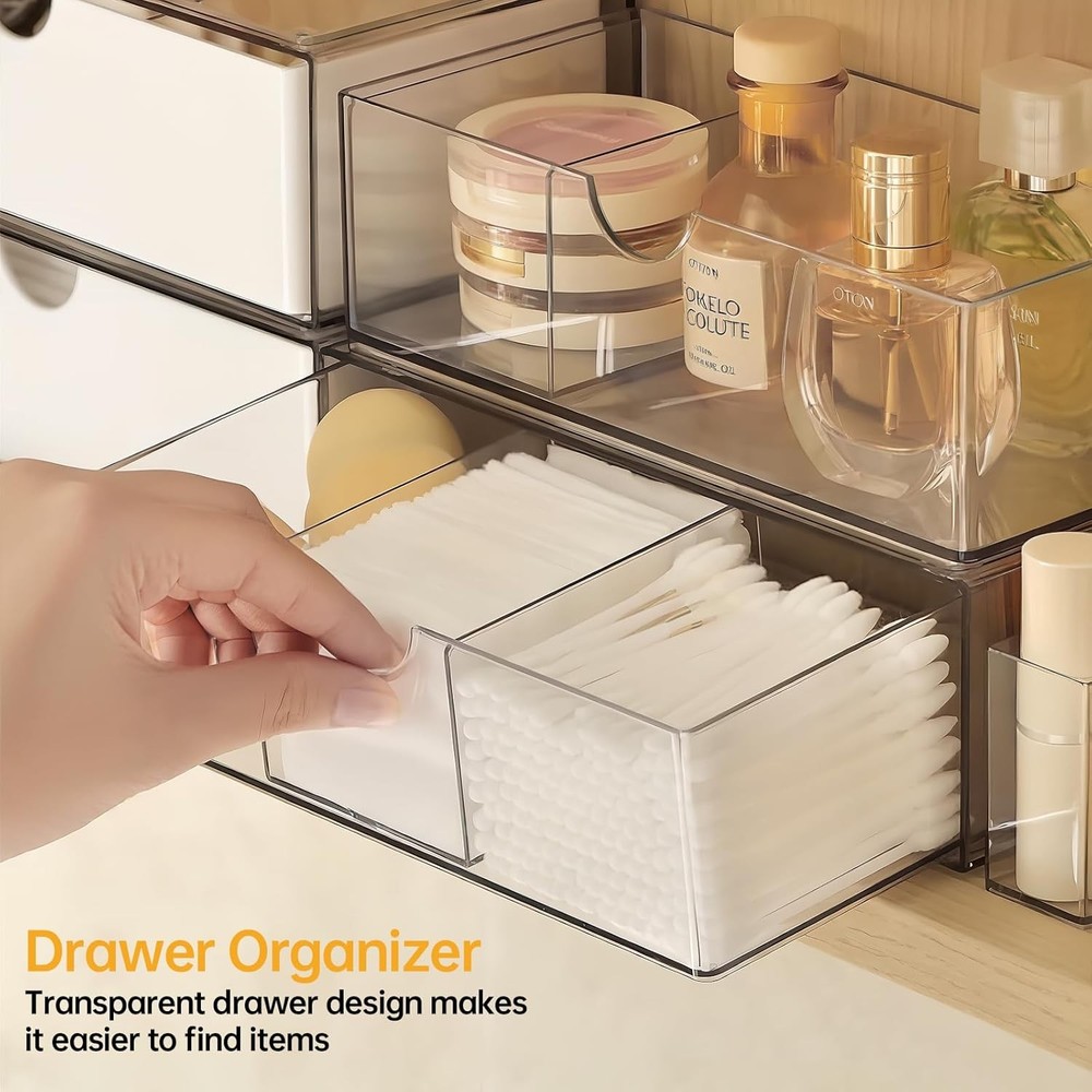 Medicine Cabinet Organizer 2 Pack Stackable Storage Drawers W/ Removable Divider
