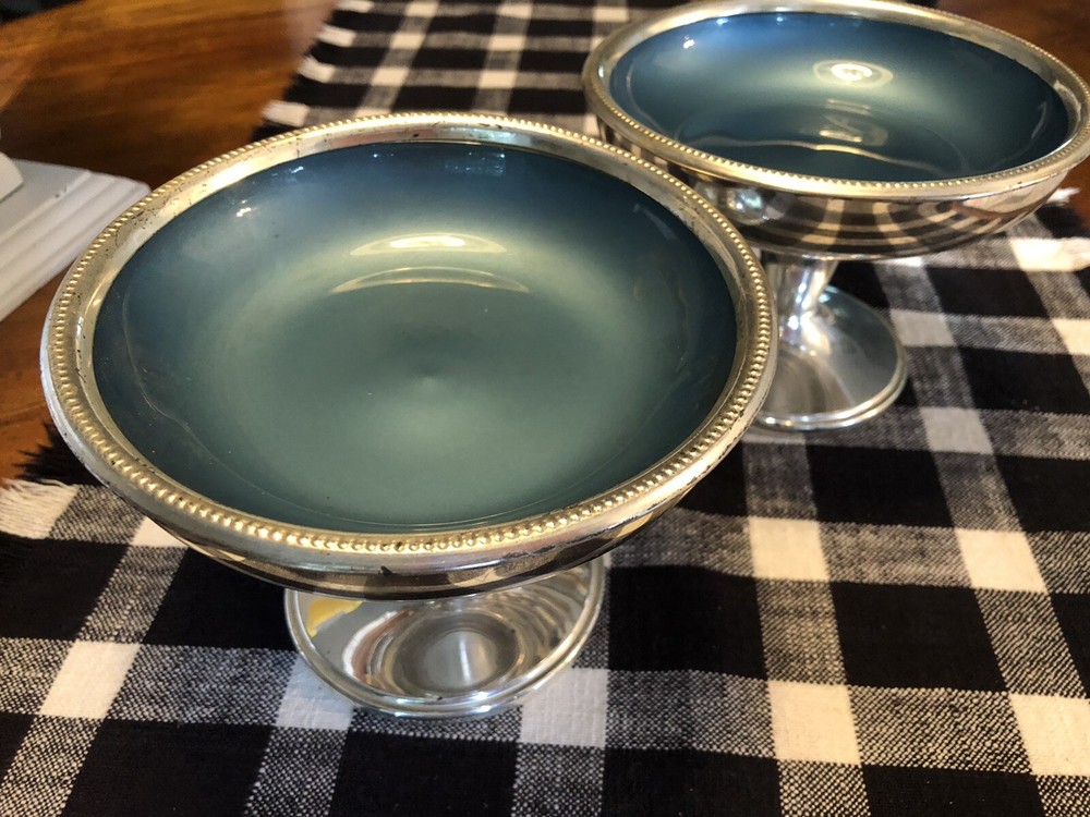 W S Blackinton Blue Enamel Lined silverplate compotes Set Of 2 See Description