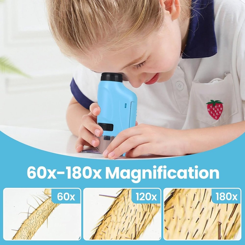 Portable Mini Microscope Handheld 60x-180x Lighted Microscope W/4 Slides, Blue