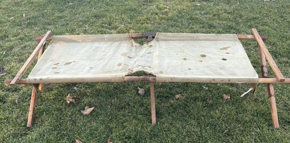WW2 Era Folding Cot US Army Military Field Bed Canvas Wood Prop Display Stained