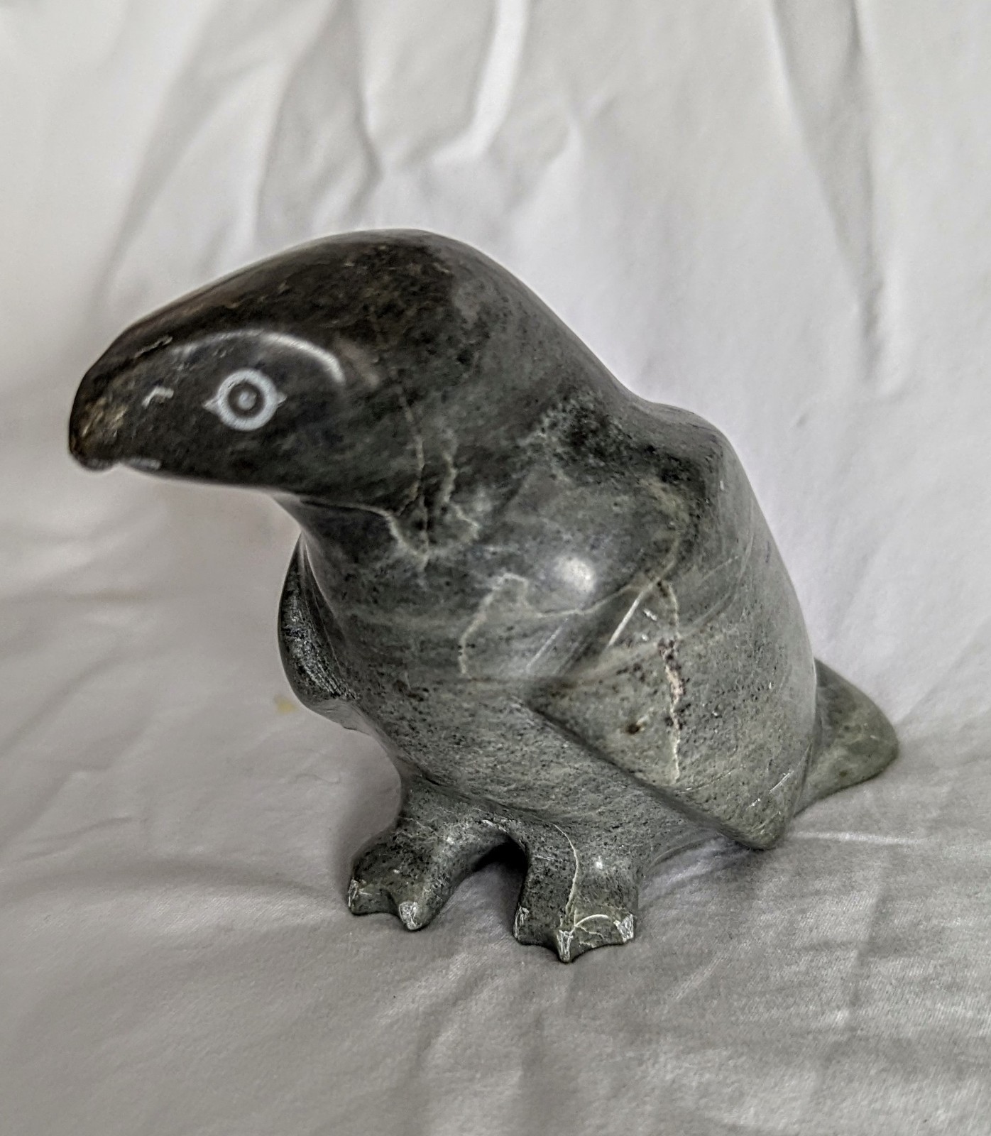 WINNIE EYAITUK Inuit Eskimo GREEN Soapstone BIRD Carving Canada 1988