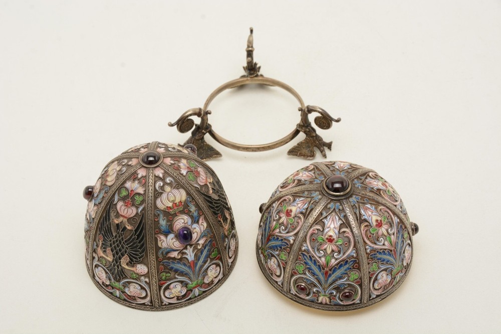 LARGE RUSSIAN Enamel Silver Antique FABERGE Easter Egg Gem Set