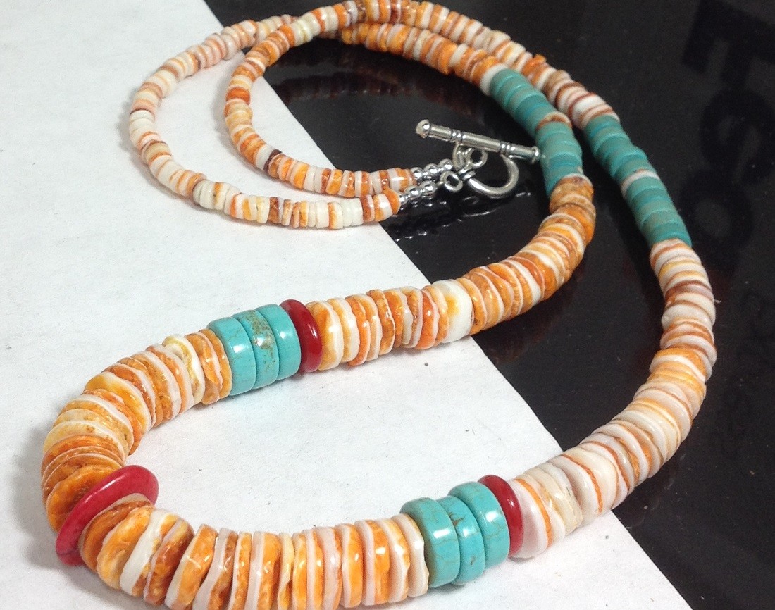 orange/white spiny oyster shell/turquoise/coral heishi necklace 22"(g180v-w1)