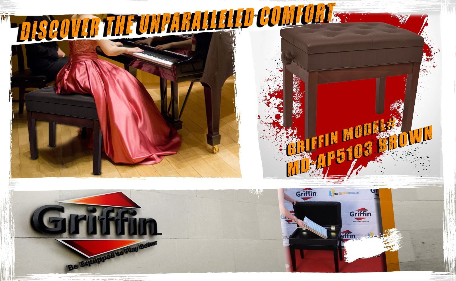 Brown Leather Piano Bench - GRIFFIN Keyboard Seat Wood Vanity Chair Guitar Stool