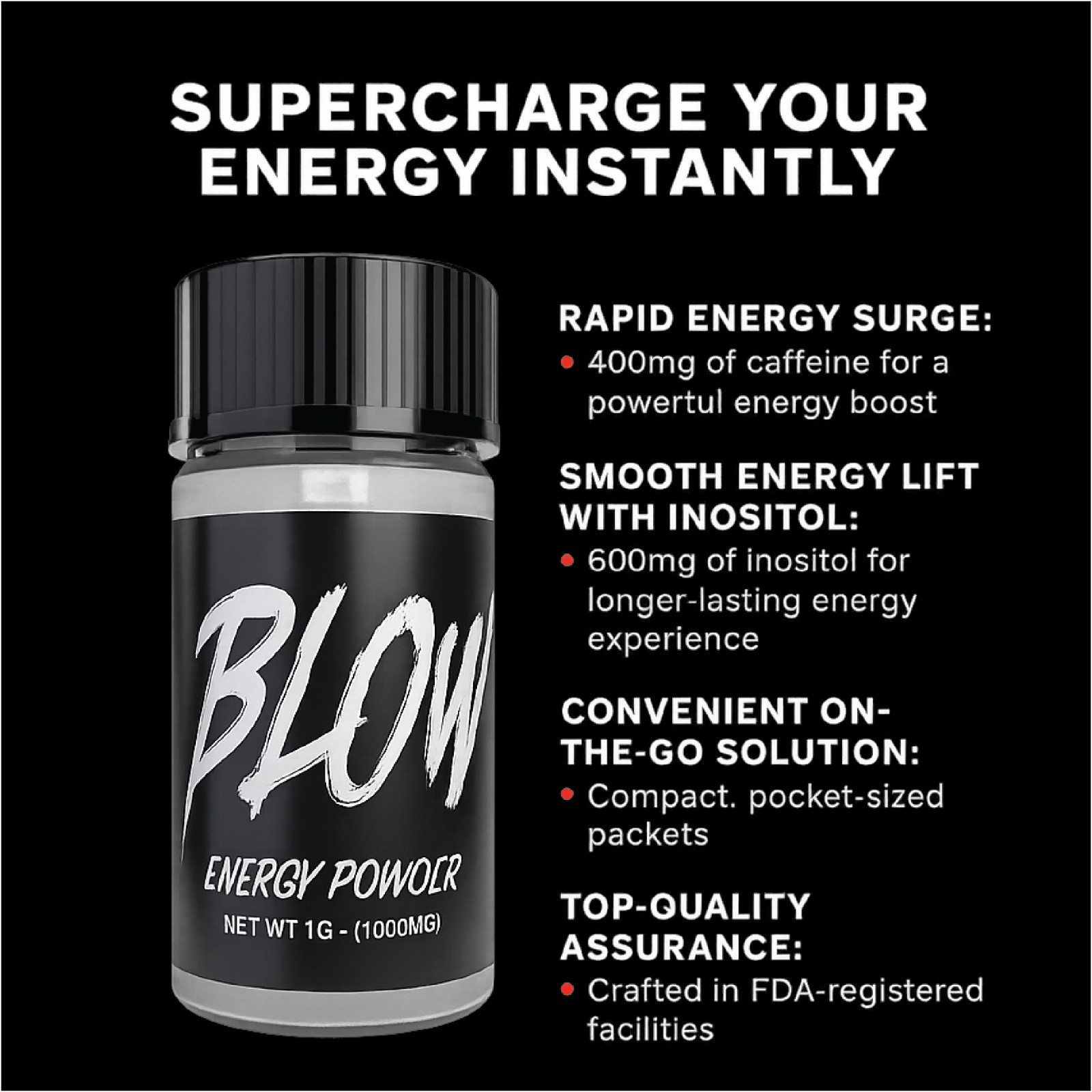 Blow Energy Powder - 400MG Caffeine - Instant Energy Pre Workout - Fast Shipping
