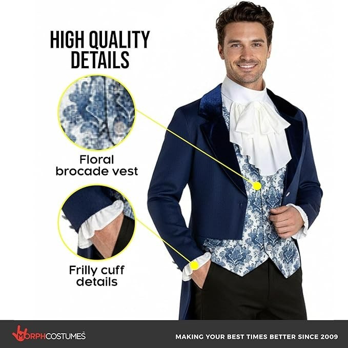 Men`s Regency Gentleman Costume Blue Tailcoat Victorian Nobleman Bridgerton Coat