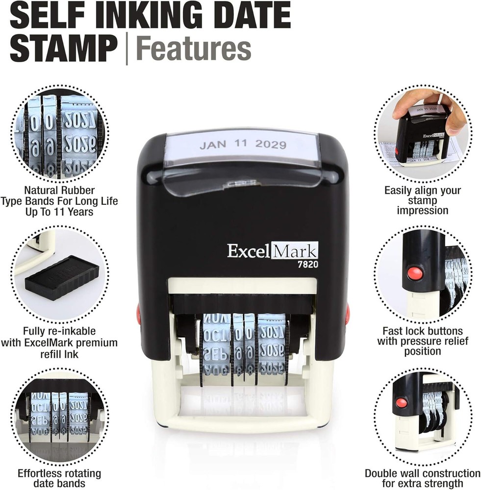 ExcelMark 7820 Self-Inking Rubber Date Stamp-(Black Ink)