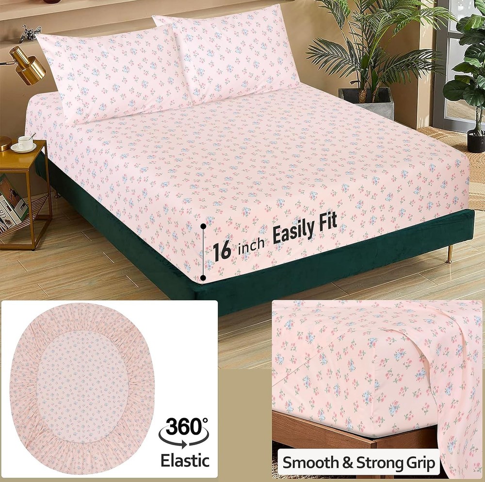100% Cotton Sheets Queen Size Set, 4 Pieces, Soft & Breathable Percale