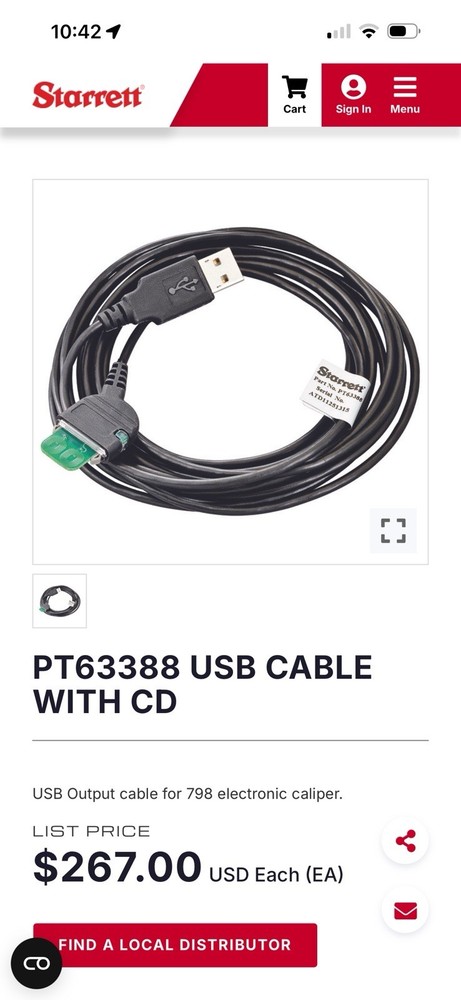 Starrett Interface Cable PT63388 &Program CD Used ToCalibrate798 Digital Caliper