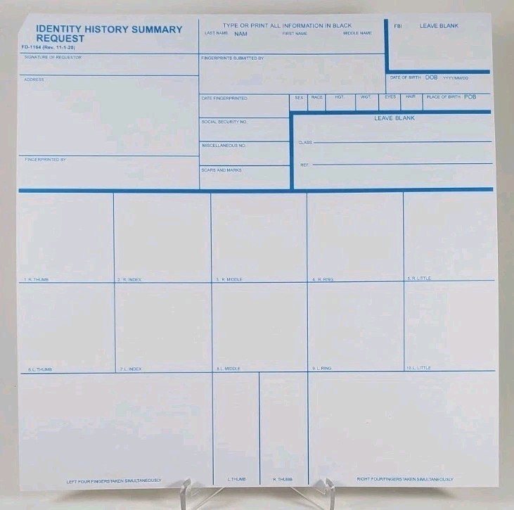 2 Pack FD-1164 Fingerprint Cards for FBI Background Check / Identity Summary (2)