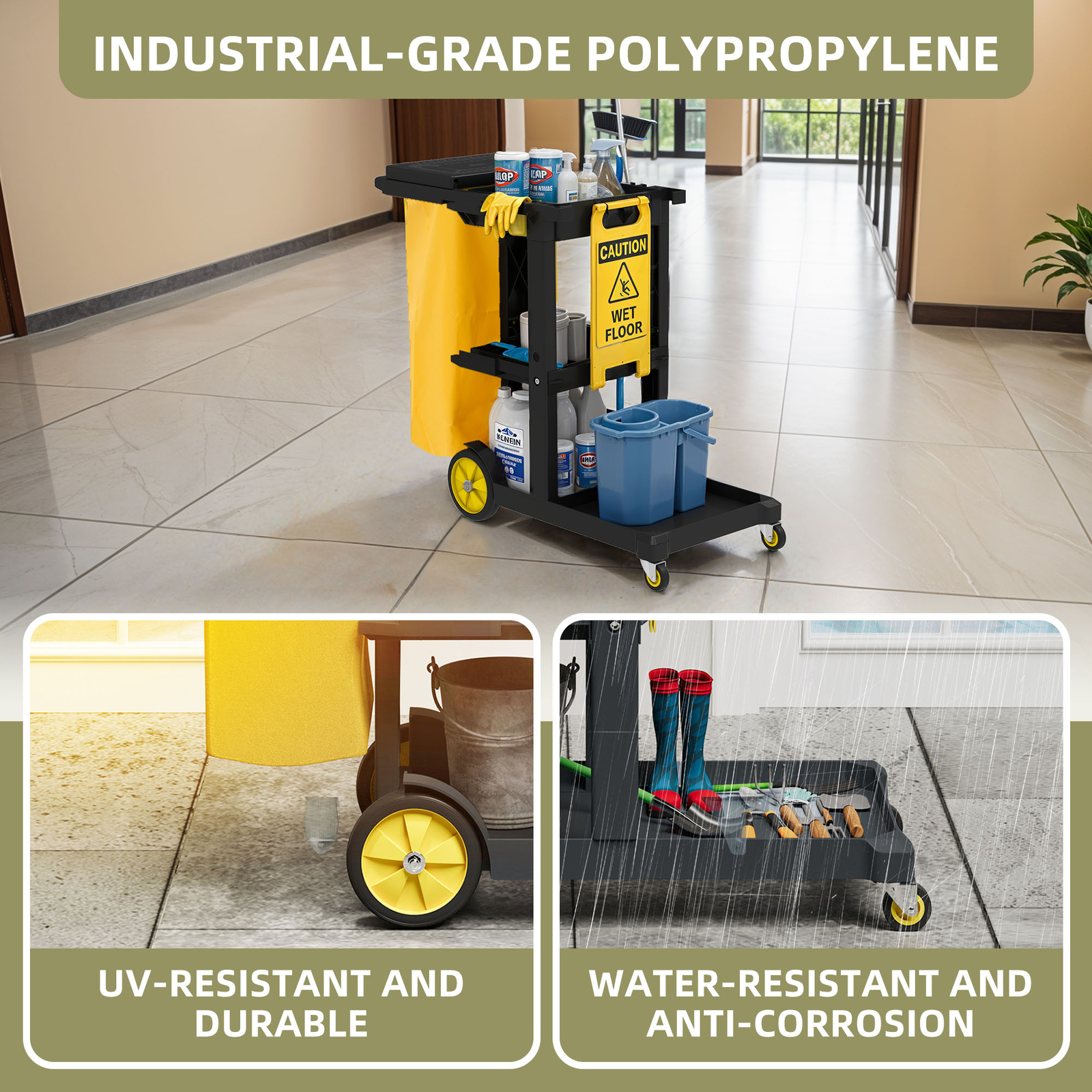 Industrial Janitorial Utility Cart 3 Shelf Rolling Cleaning Cart with Trash Bags