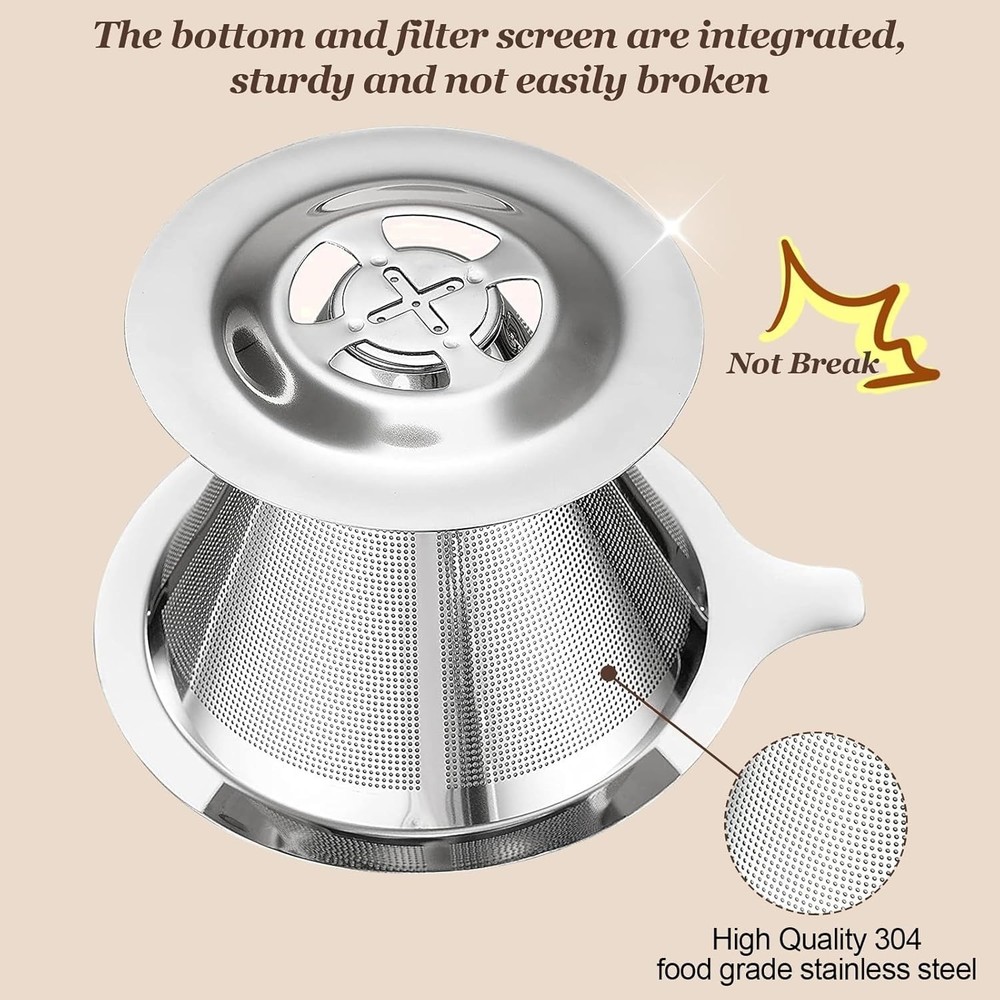 Pour Over Coffee Dripper Stainless Reusable Paperless Double Mesh Cone Filter