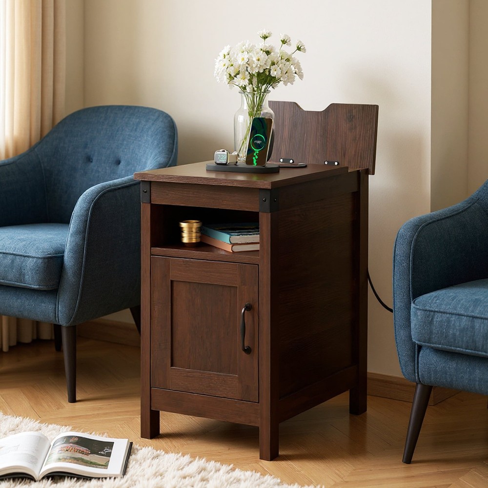 Side Table with Charging Station Narrow End Table with Storage Night