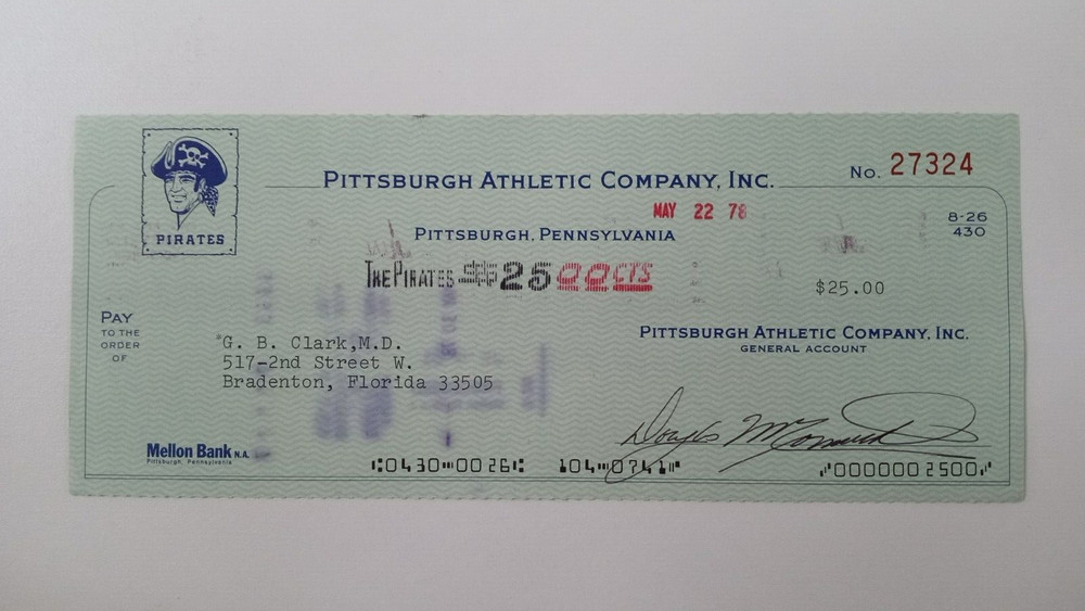 G.B. Clark, M.D.: 1978 Pittsburgh Pirates Expense Check