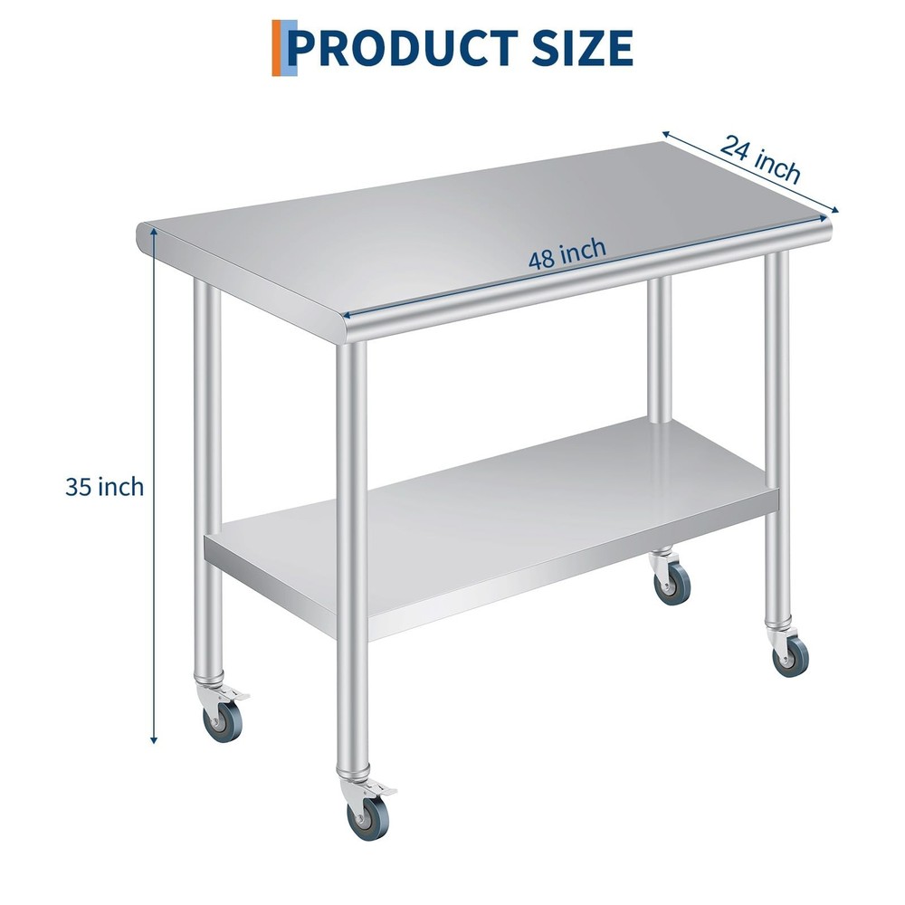 Stainless Steel Prep Table 24 x 48'' with Undershelf，4 Caster Wheels