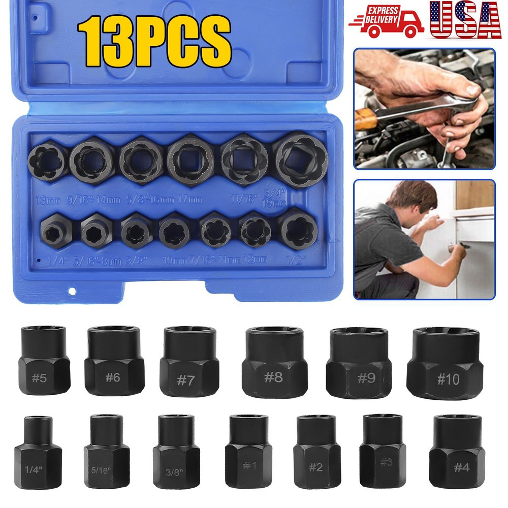 13pcs Bolt Extractor Damaged Lug Nut Remover Twist Socket Extractor Tool 8-19mm