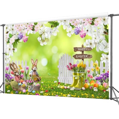 7x5FT Easter Photo Backdrop Spring Flowers Grass Backdrop Colored Egg 7x5ft